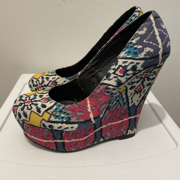 Steve Madden Pammyy Wedge Multi-Color Heel Women’s 7.5M Boho Aztec Retro Pop Art - Picture 4 of 9